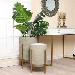 New Gray Honeycomb Metal Cachepot Planters with Gold Stands (Set of 2)