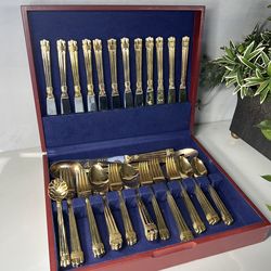 Gold Tone Flatware Set in Presentation Case Elegant Ribbed Design Vintage Luxury Dining