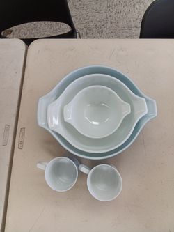 PYREX 3pc Nesting Mixing Bowl Set w/ Handles Blue/White Glass 442-444