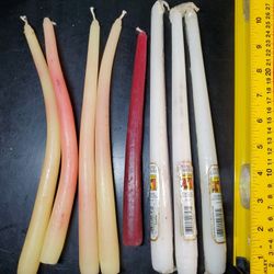 8 vintage taper candles, 12 inches long, manufactured by Candle-lite Company in Cincinnati, OH.