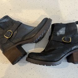 9.5 Lucky Brand Boots Booties Block Heel Black Charcoal Women’s Shoes Zipper 