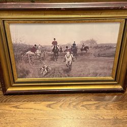 Antique framed equestrian print titled "A Day's Hunting" by artist Thomas Blink