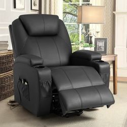 New Electric Lift Recliner Chair for Elderly, Recliner Sofa with Massage, Side Pockets and Cup Holders (Leather, Black) New in box sku t lr84lmp0 * S