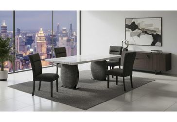 Sleek Dining Set features a marble look top adds a modern touch