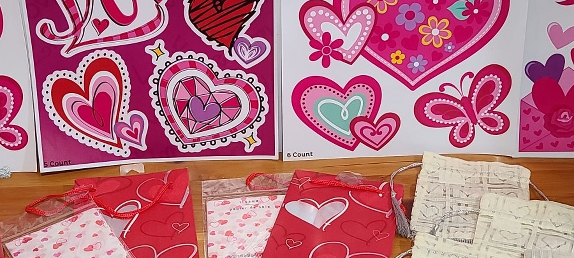 Valentines Day Window Clings, Gift Bags, Heart Box, Beaded Fabric Bags New