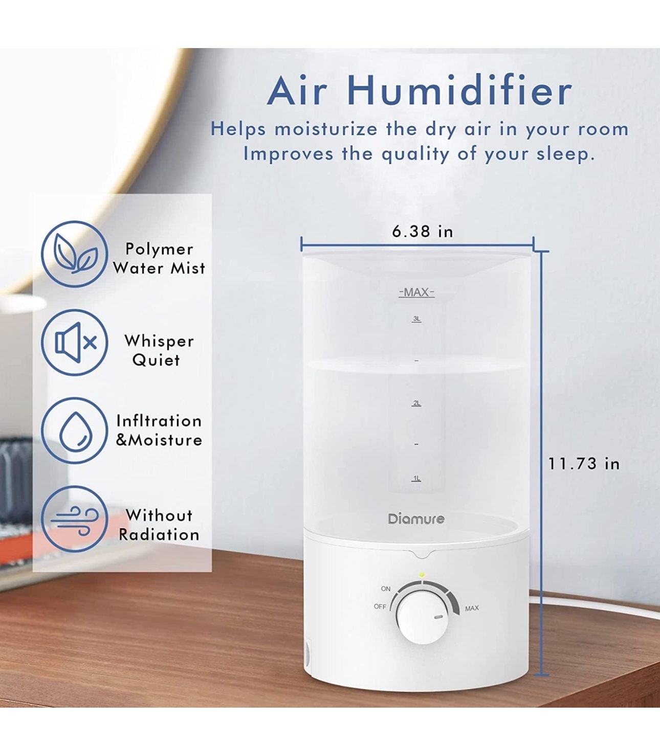 Humidifiers for Bedroom Large Room, 3.5L Ultrasonic Cool Mist Humidifier with Essential Oil Diffuser, Adjustable Humidity Vaporizer, 360°Rotation Noz
