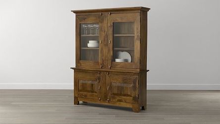 Crate and Barrel Basque Honey 2-Piece China Cabinet Solid Mango Wood Buffet Hutch