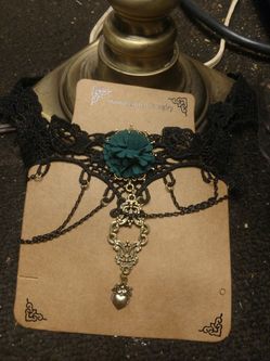 Gothic Steampunk choker necklace turquoise flower Black lace and brass