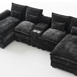 Oversized Black Sectional Sofa - Chairs And Cup holders Included.