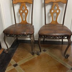 Pair of Ornate Dining Chairs - Heavy Metal & Solid Wood - Victorian Style