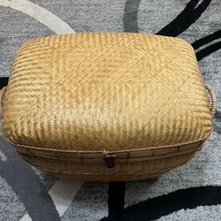 Vintage Asian Oriental Chinoiserie Herringbone Weave Rattan Bamboo Trunk Chest