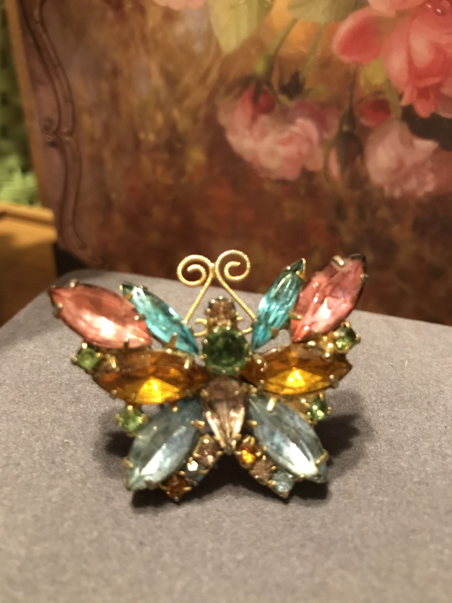 Most Gorgeous! Vintage Victorian Multi Colored Crystal Stone Butterfly