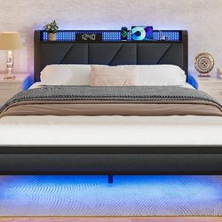 Queen Bed Frame with Headboard and Storage Shelf, LED Light and Charging Station, Metal Platform Bed with Heavy Duty Slats, No Box Spring Needed, Nois