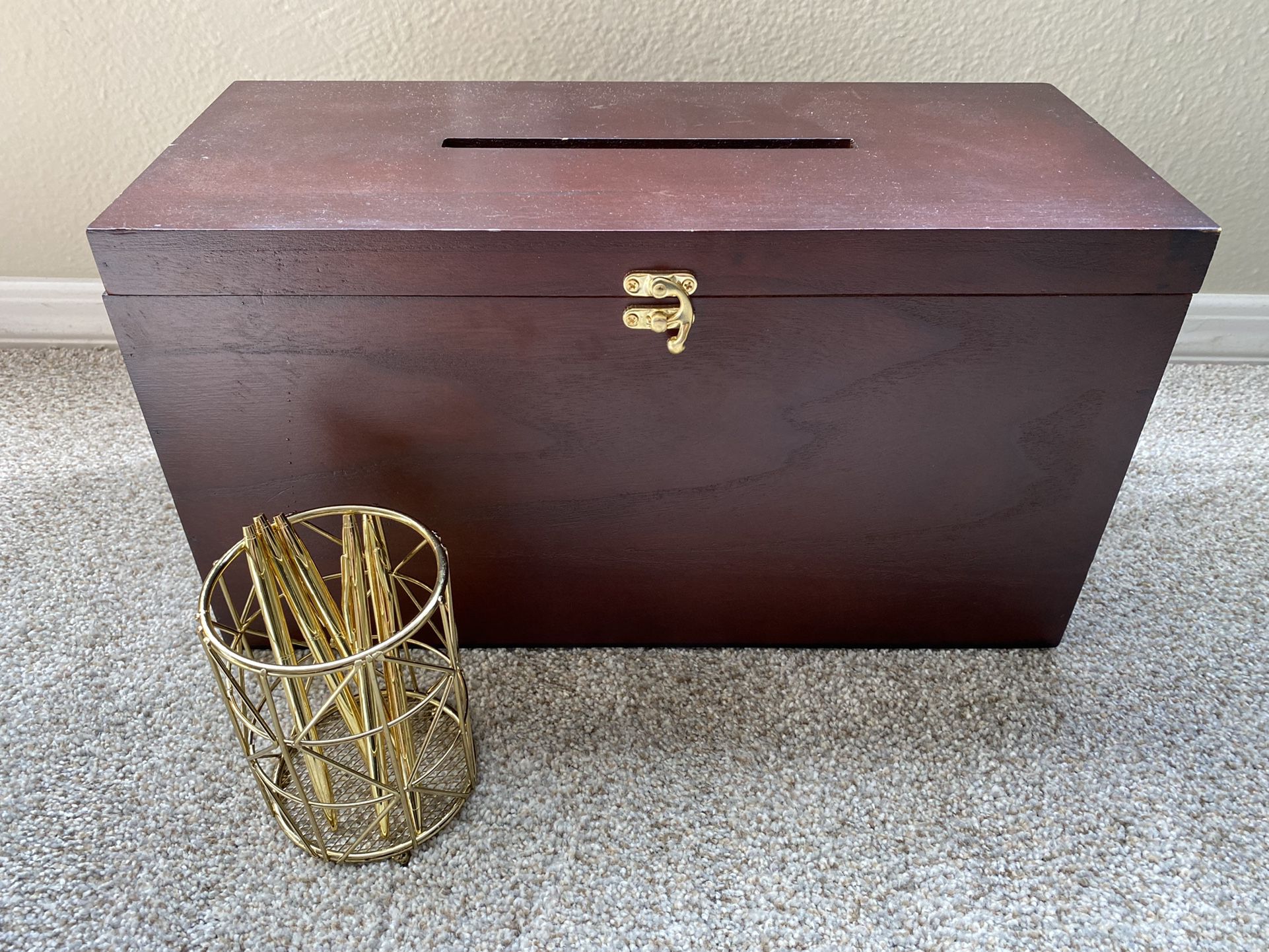 Hickory Wood Wedding Card Box With Gold Pens