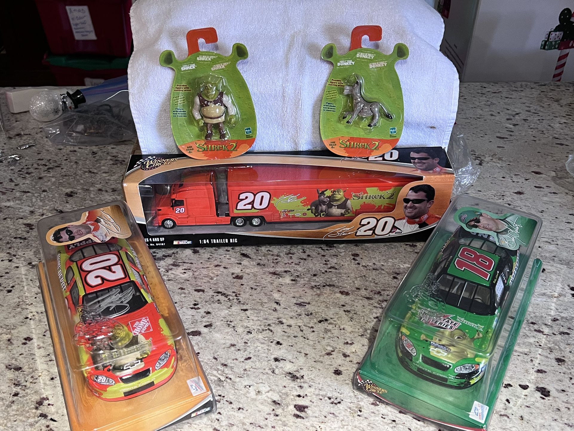 Shrek 2 NASCAR 2 Car Set, Tony Stewart Autographed Car, Transporter & Figures