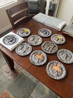 Vintage Pewter Michael Ricker Plates Lot of 11 Christmas Plates