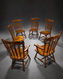 Vintage Colonial Windsor Style Spindle Back Wood Dining Chairs, Set of 6