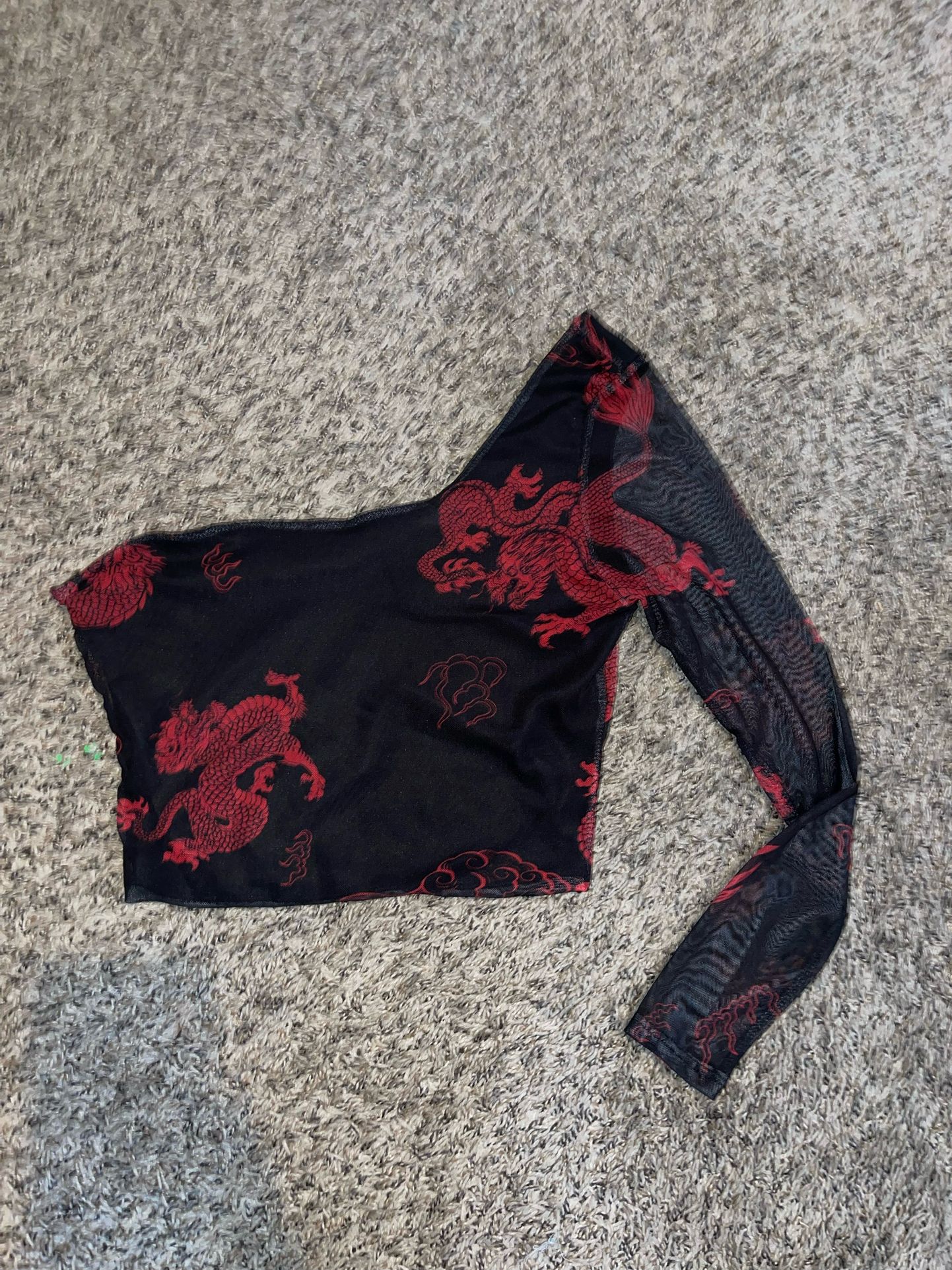 Red And Black Dragon Design One Shoulder Long Sleeve Top SMALL