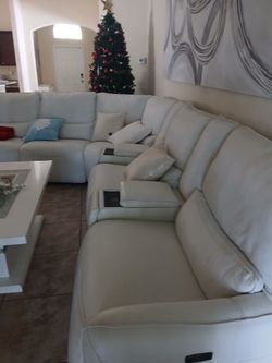 Large Cream Leather Sectional Sofa with Consoles