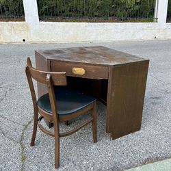 Mid Century Corner Desk + Chair Set by Campaign, Delivery Available, with Drawer Wood Walnut MCM Vintage 1970s Gold Small 