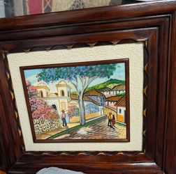 Framed Latin American Village Street Scene Painting