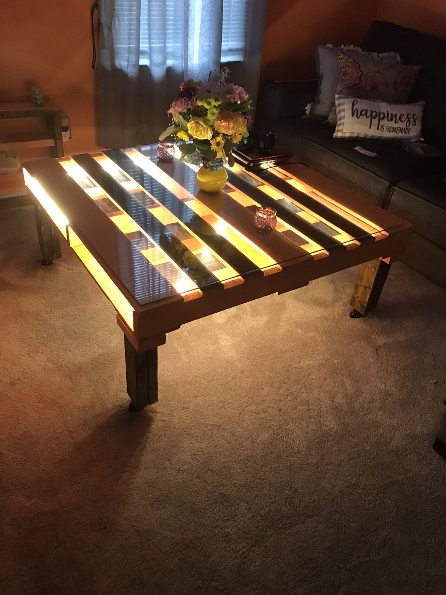 Farmhouse Coffee Table On Caster Wheels  With  Glass  On Top With Remote LED Lights 
