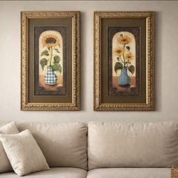 👉 “Vintage Sunflower Wall Art – Set of 2 – Gold Frames – Farmhouse Decor”
