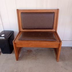 Solid Oak and Leather Bench w/ Hidden Storage Shelf