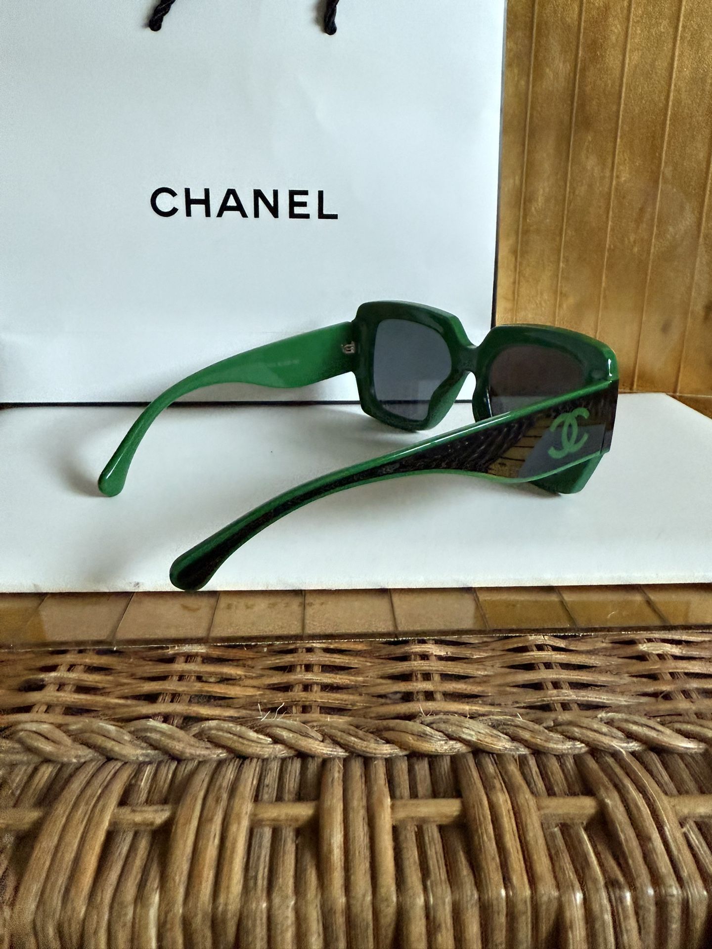 Chanel, Black And Green Sunglasses