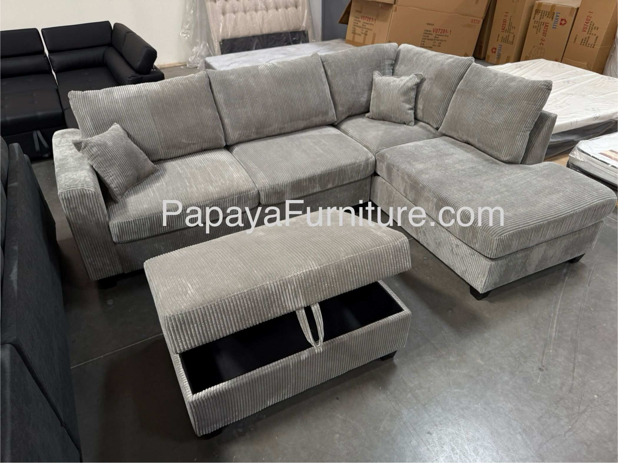 New 106” Plush Sectional Sofa With USB Charger,Cordoroy Couch, Grey Sofa, Grey Sectional, Grey Couch, Light Grey Sofa Couch And Storage Ottoman, Couch