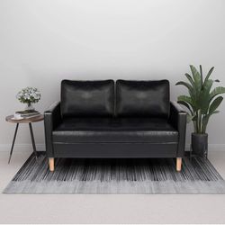 Faux Leather Sofa with Armrests for Two, Modern 2 Seater Sofa for Living Room (2 Seater, Black)