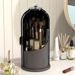 Makeup Brush Holder with Dustproof Cover 360 Rotating Makeup Brush Organizer for Vanity Bathroom, All Black