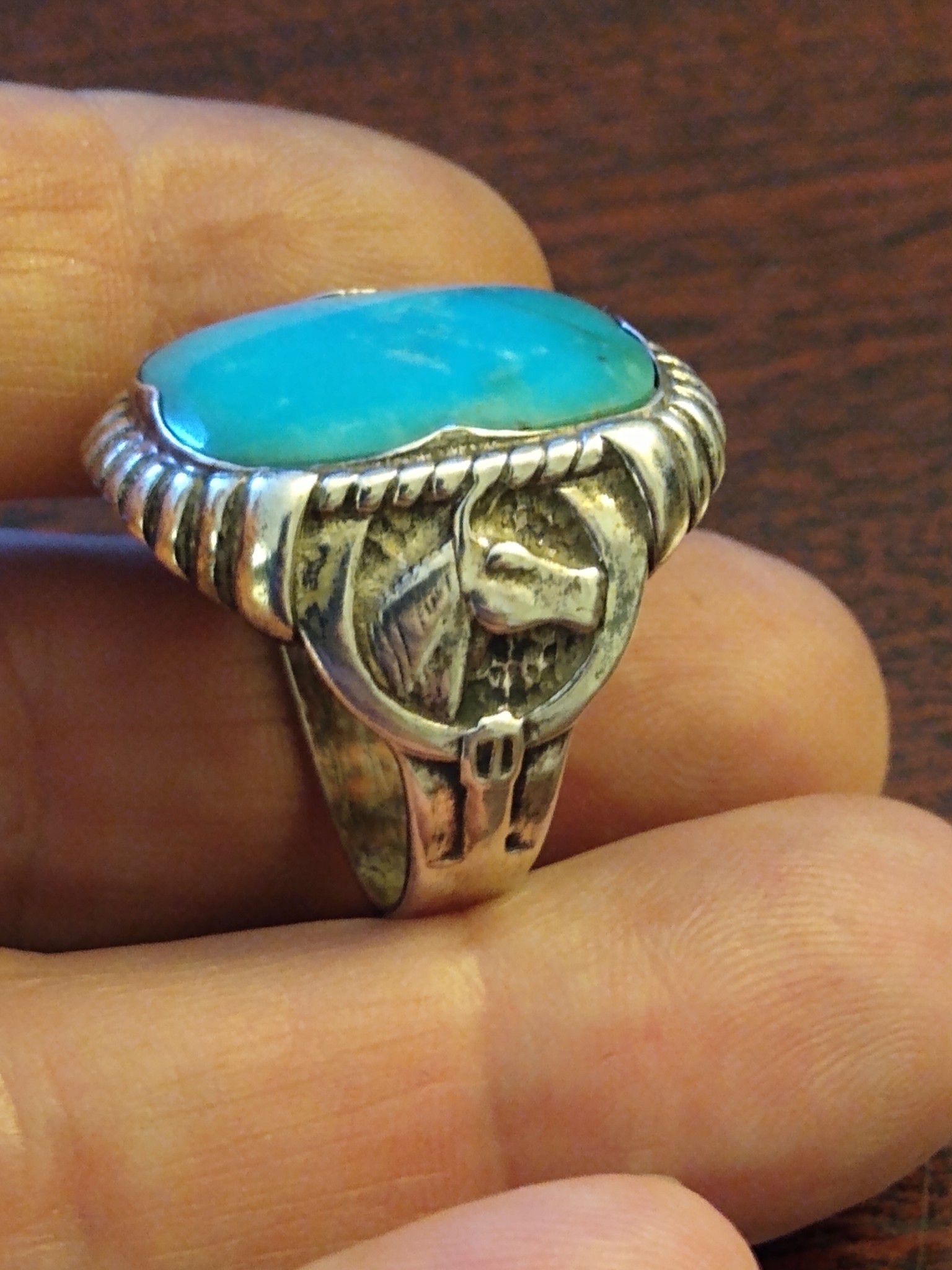1950's Rare Turquoise Horse and Saddle Men's Ring. Native American &Signed! (Size 11)