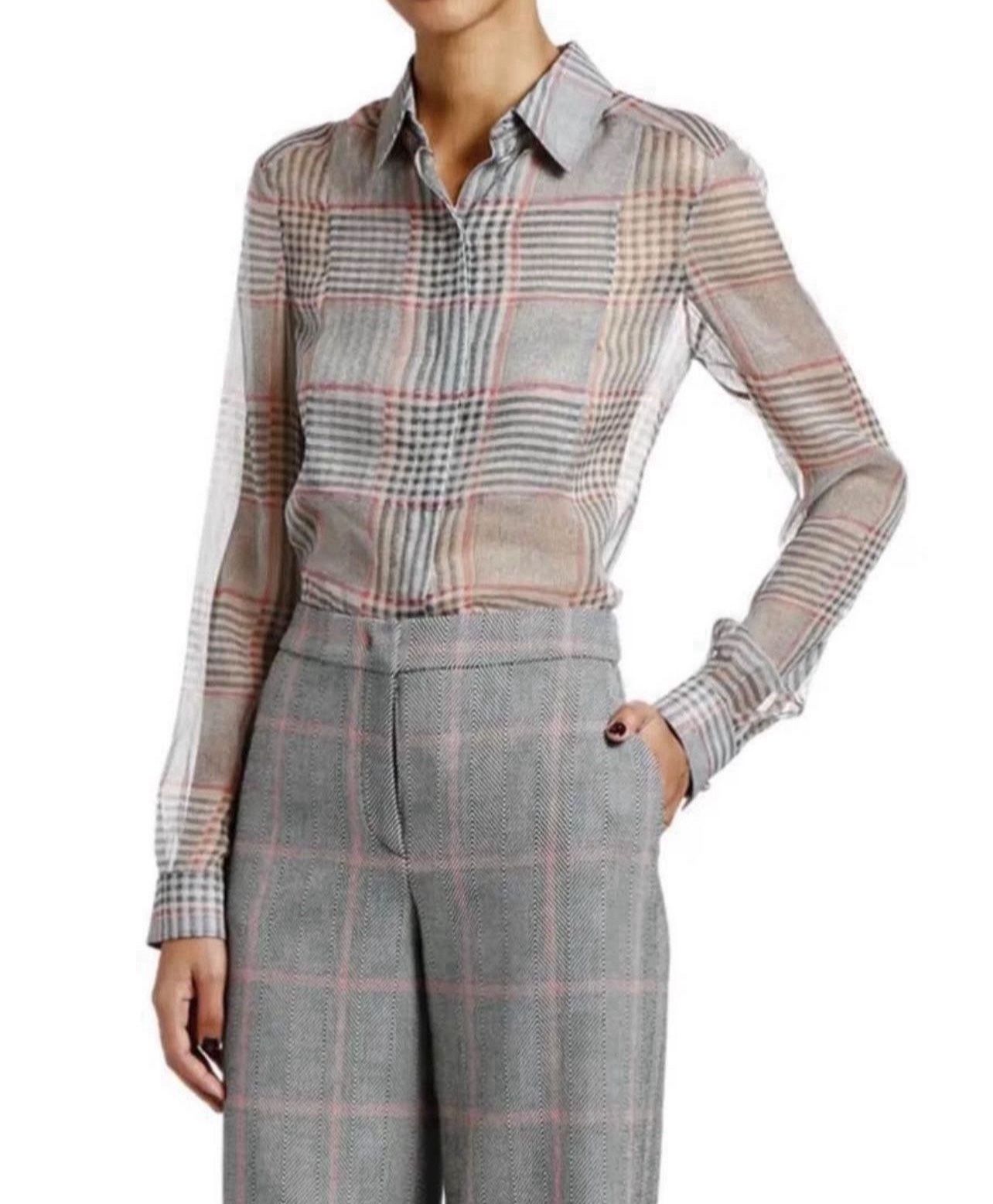 NWT Giorgio Armani Plaid Chiffon Button Front Classic Blouse
