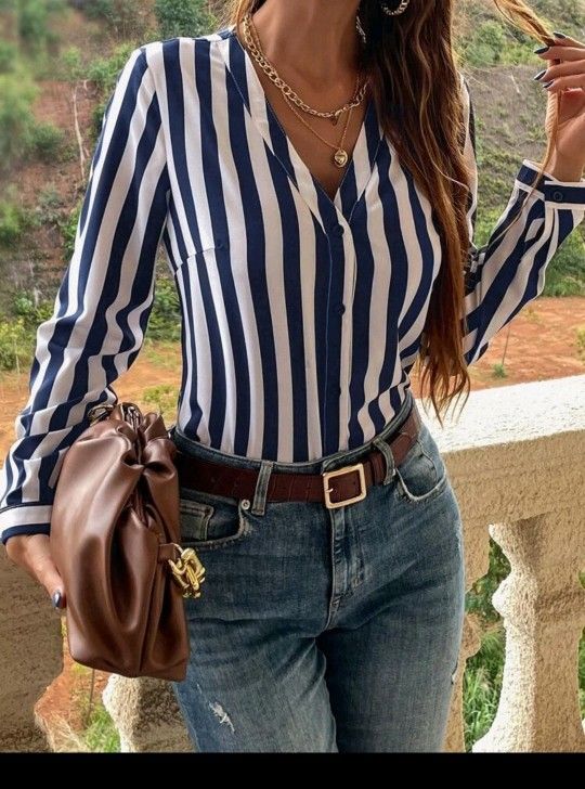 Striped Print Button Front Blouse
