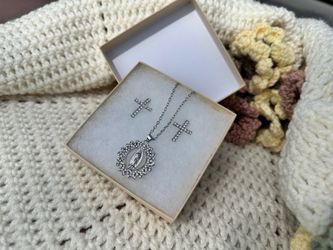 Silver cross earrings and virgencita necklace