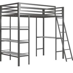 Max & Finn Nova Metal Loft Bed w/ Shelves, Twin Bunk, Gunmetal Gray