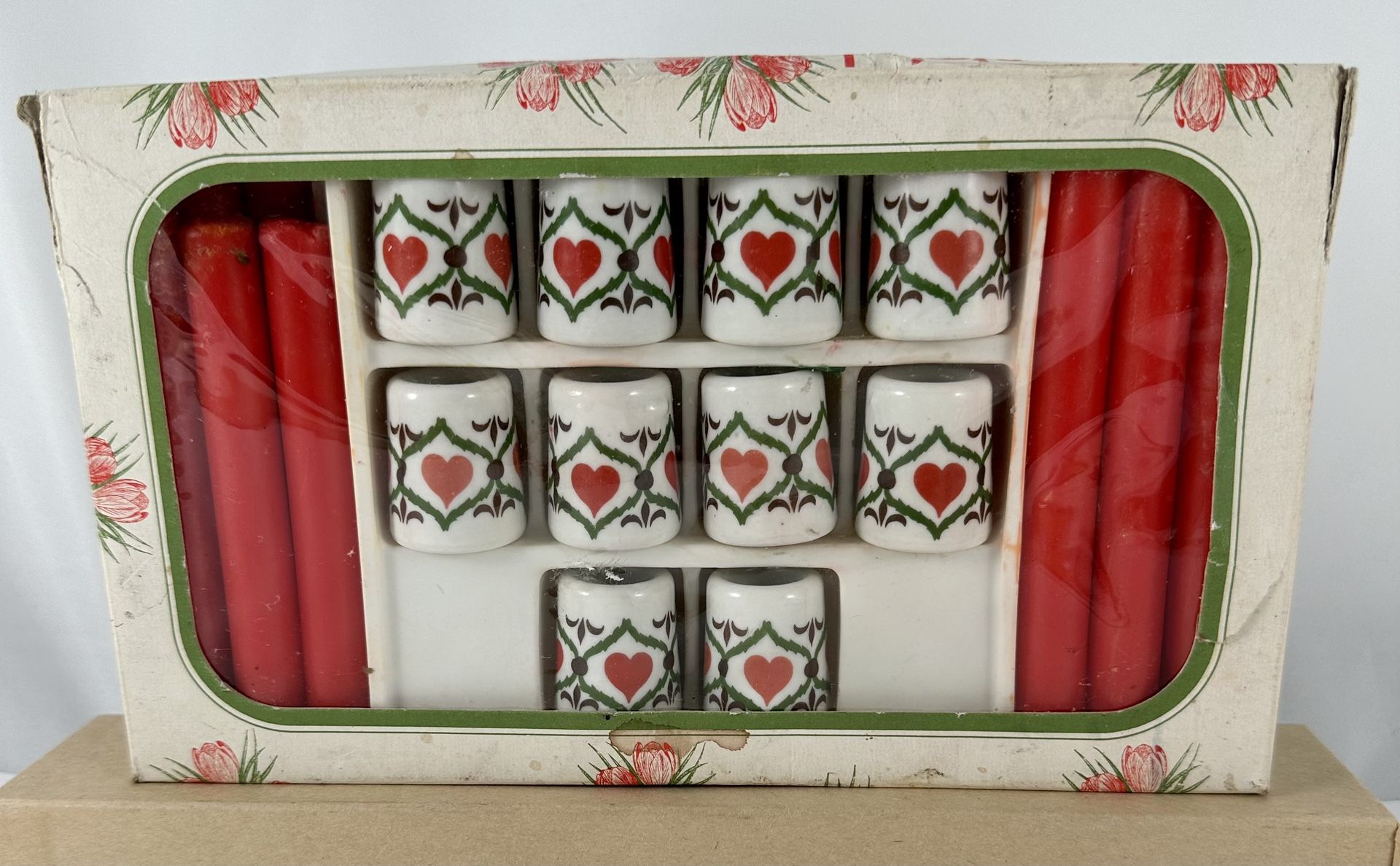 Vintage Stefal Decor Candle Set Christmas , Mini Candle Holders, Switzerland, 10 Red Candles with Ceramic Heart Holders