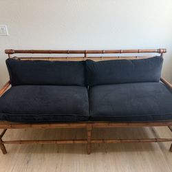 Vintage Teak, Rattan & Cane Sofa – Black Velvet Down Cushions (McGuire Style)