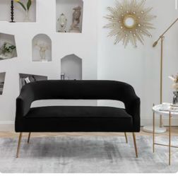 SEYNAR Modern 51 inch Velvet Tufted Loveseat Open Back with Golden Metal Legs Black