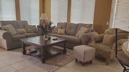 Great couch sleeper and love seat with pillows. Tables and chair not selling