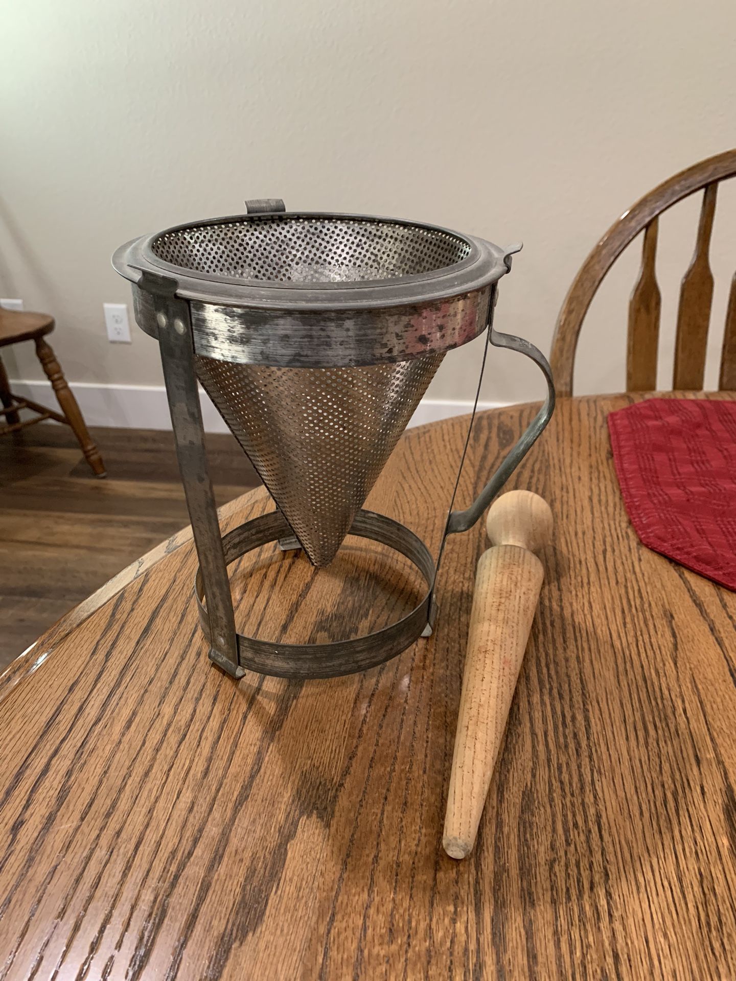 Vintage Metal Canning Cone Colander Sieve Strainer With Stand & Wood Pestle