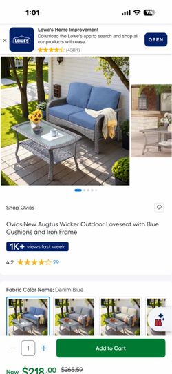 Ovios New Augtus Wicker Outdoor Loveseat with Blue Cushions and Iron Frame
