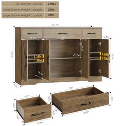 Buffet Sideboard Cabinet with Drawers, 55" Large Buffet Storage Cabinet with Shelves and Doors, Modern Farmhouse Coffee Bar Station Wood K