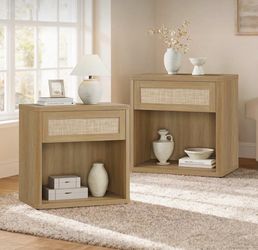 27" Wide Nightstand Rattan, Bohemian Style Bedside Table Featuring a Spacious Drawer And Open Storage Shelf, Coastal Nightstand, Wooden End Table Suit