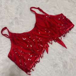New large red sequin beaded crop top shirt blouse festival rave boho tank