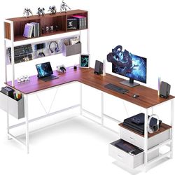 L Shaped Desk with Pegboard and Drawers, Reversible 67” Gaming Desk with RGB Light and Power Outlet, Computer Corner Desk with Storage&Hutch for Game