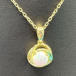 New Love Knot White Opal Pendant Necklace Vermeil 14KT Over Sterling Silver 18” Long Weighs 1.81 Grams Pristine 