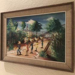 Mid 1900s Antique Caribean / Haitian Folk art Original Signed Painting On Board