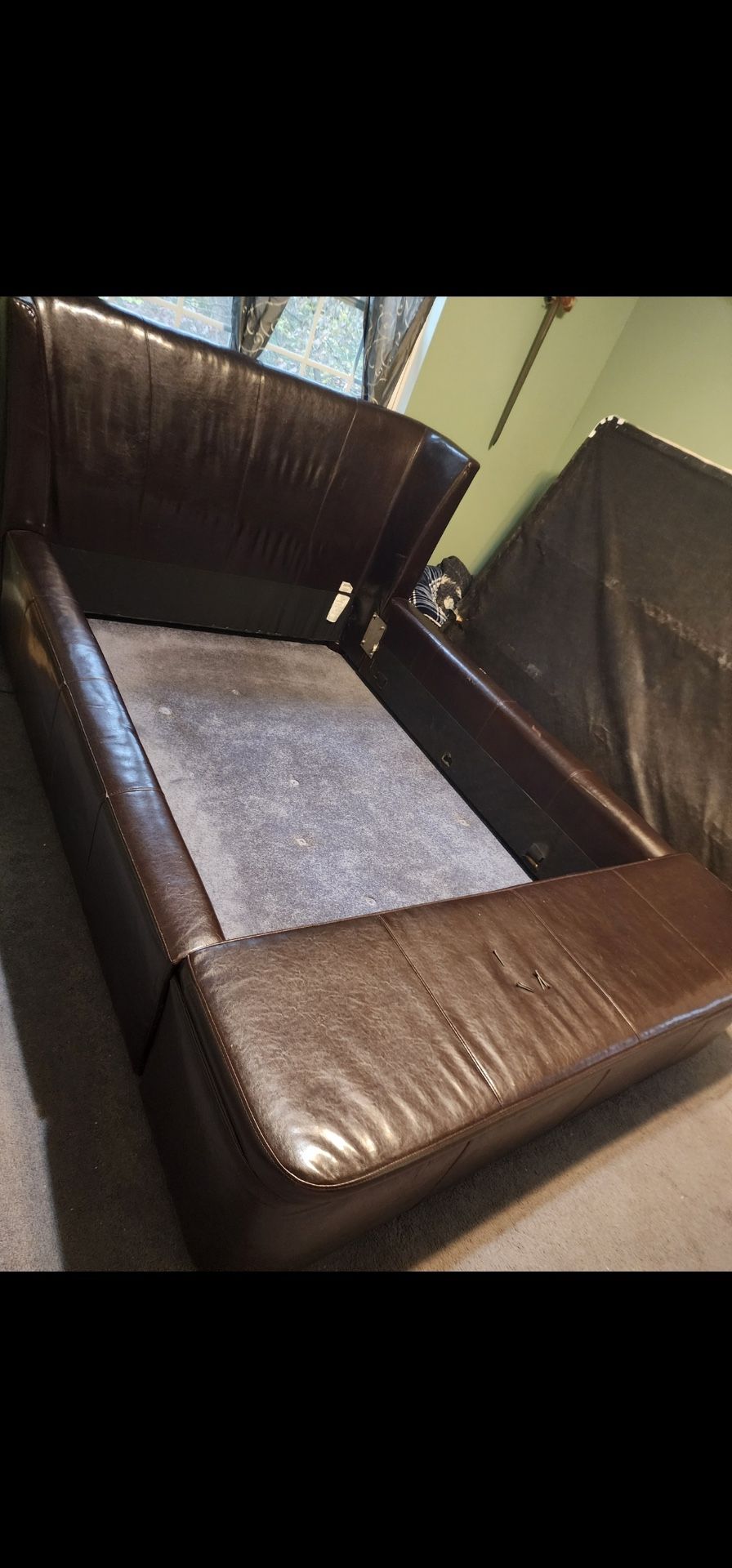 Queen leather bed frame with footboard storage trunk 9x7.